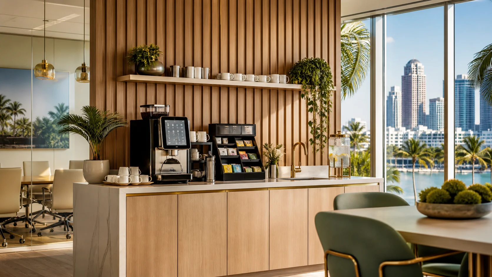 Modern office coffee and water station for a Palm Beach County workplace